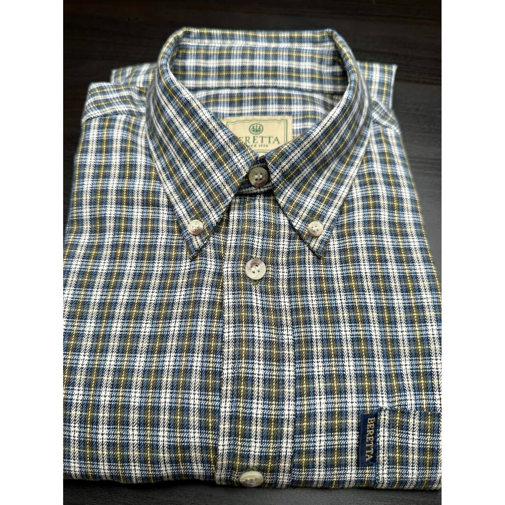 Beretta Long Sleeve Field Shirt Mens Med Blue Green Plaid Heritage Fine Cotton